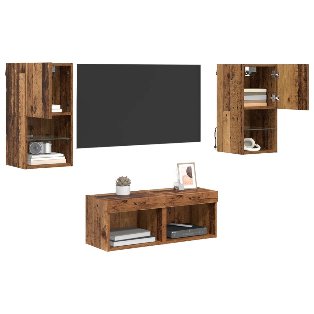 TV Wall Shelves with LED Light Strips 4 pcs Reclaimed Wood Effect Particleboard