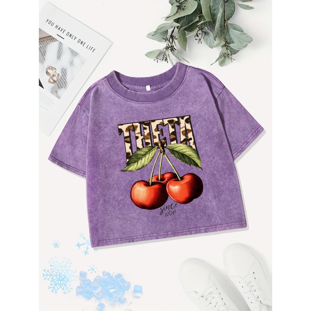Summer Cotton Crop Tops Womens Fresh Cherries Prints Washed T-Shirts Regular Fit Streetwear Street Womans Clothes