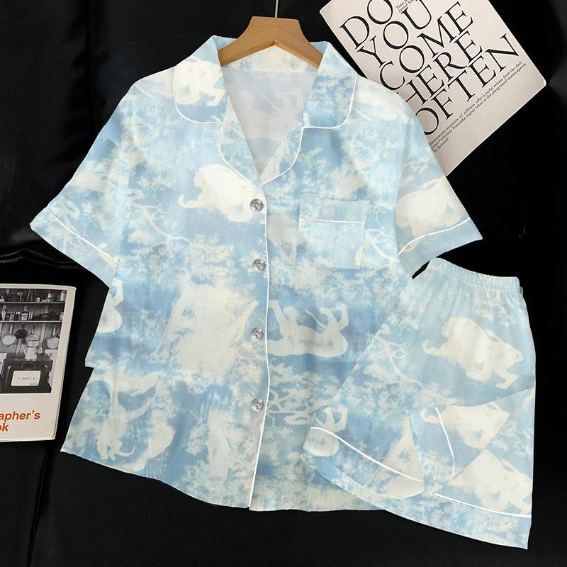 

Ретро Летняя Пижама из Ледяного Шелка Женская Короткий Рукав Тонкая Стиль Национального Искусства Высококачественная Домашняя Одежда Шелковый Костюм XL