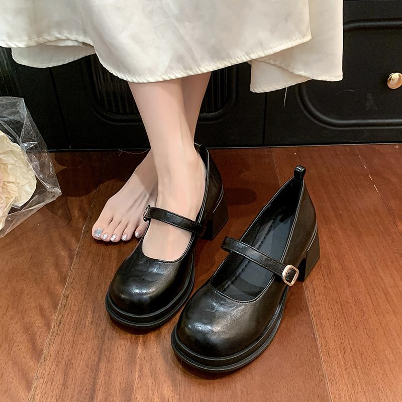 Fashion Block Heel Mary Jane Shoes Autumn New Round Toe Shallow Mouth One Strap Platform Non-Slip Wear-Resistant High Heels