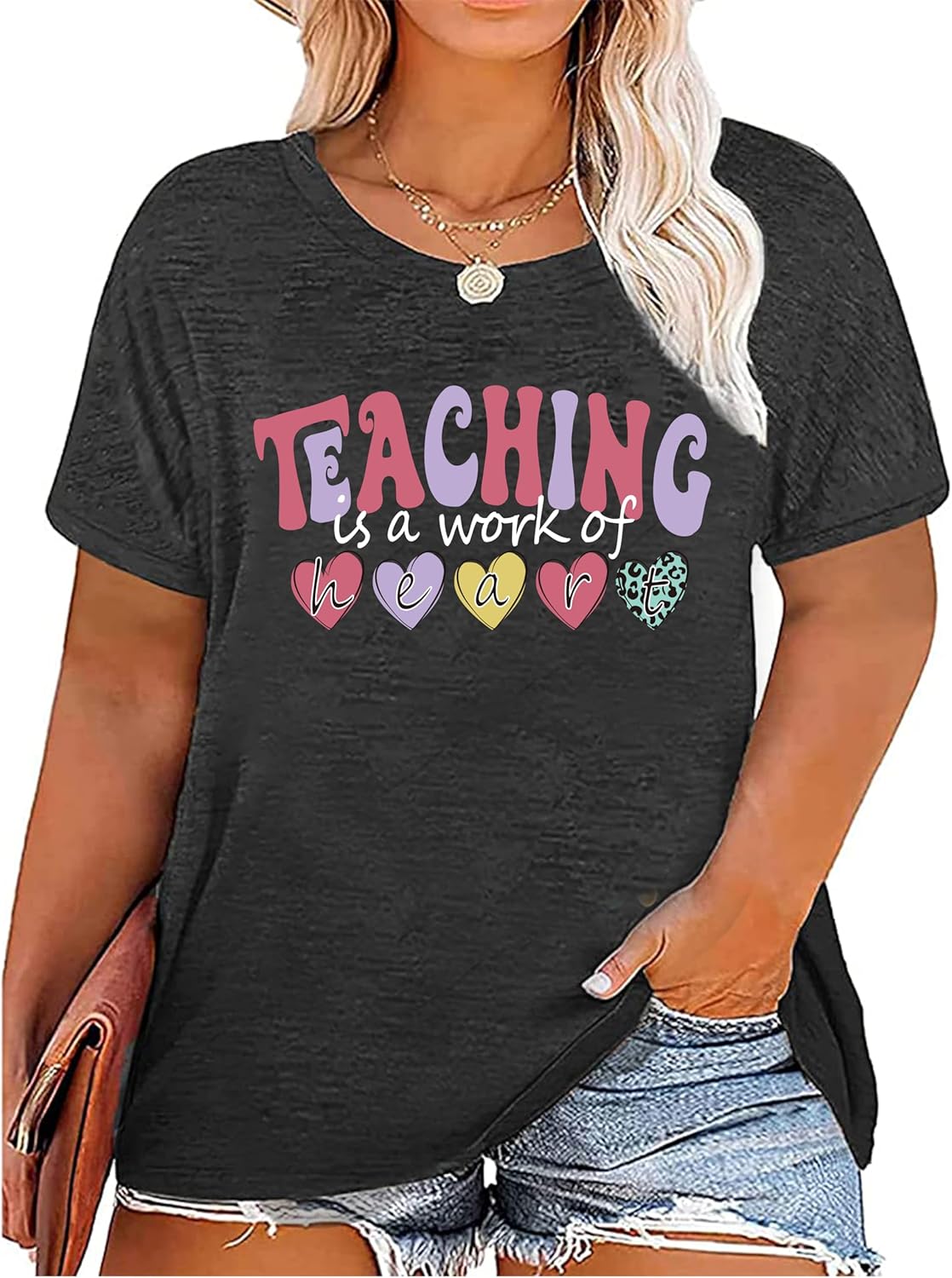 Plus Size Teacher Shirts Teaching is A Work of Heart Letter Print T-Shirt Teacher s Day Gift Summer Short Sleeve Tee Tops S разноцветный