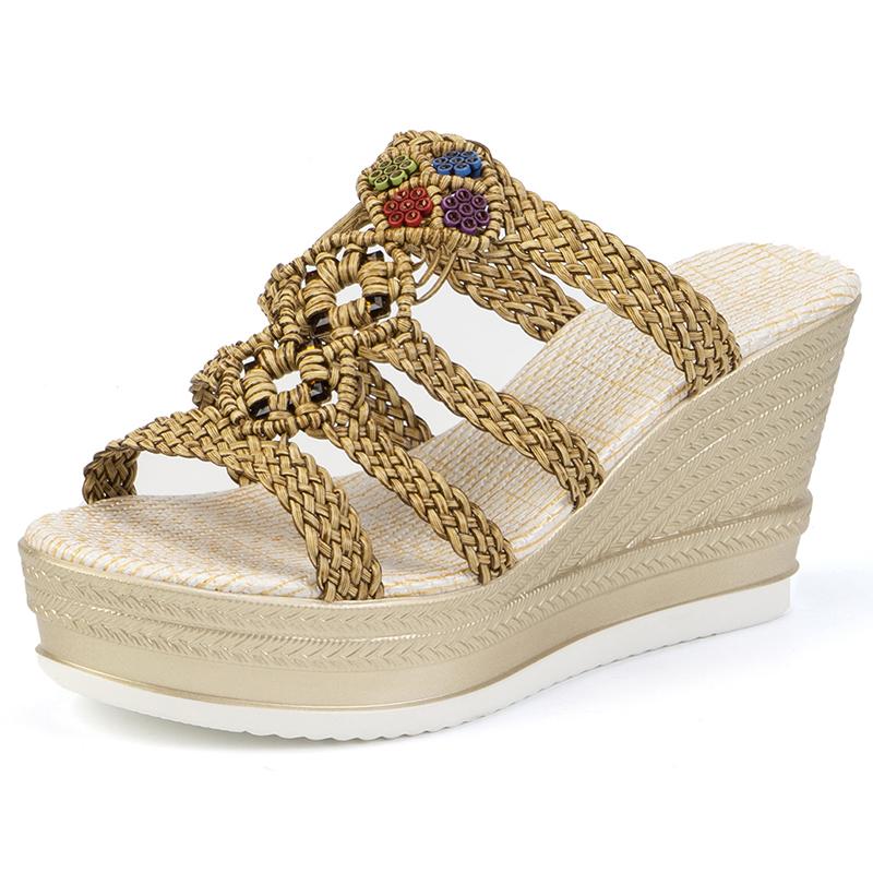 Fashion Weave Wedge Sandals for Women 2024 Summer Mix Color Chunky Platform Slides Woman Weaving Super High Heel Sandalias Mujer