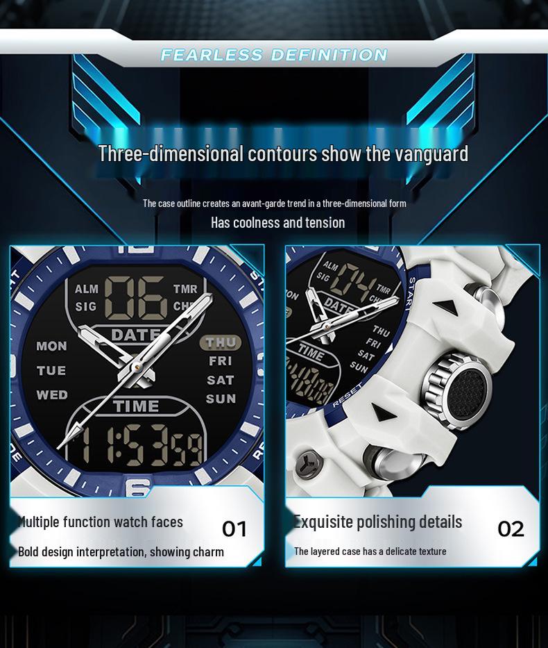 Sanda Dual-Movement Sports Watch with Countdown, Alarm, Night Light, Waterproof, and Multi-Function Features for Students.