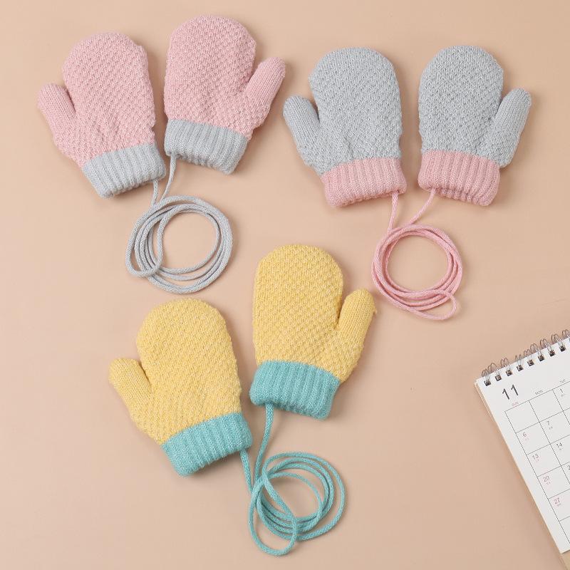 Children's Winter Plus Velvet Gloves Small Children's Bag Finger Halter Neck Yarn Warm Knitted Gloves Baby Solid Color Simple Gloves