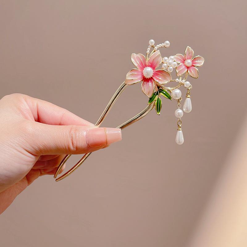 Grampo de Cabelo Borboleta Flor Estilo Antigo com Borla de Pérola para Cheongsam Hanfu