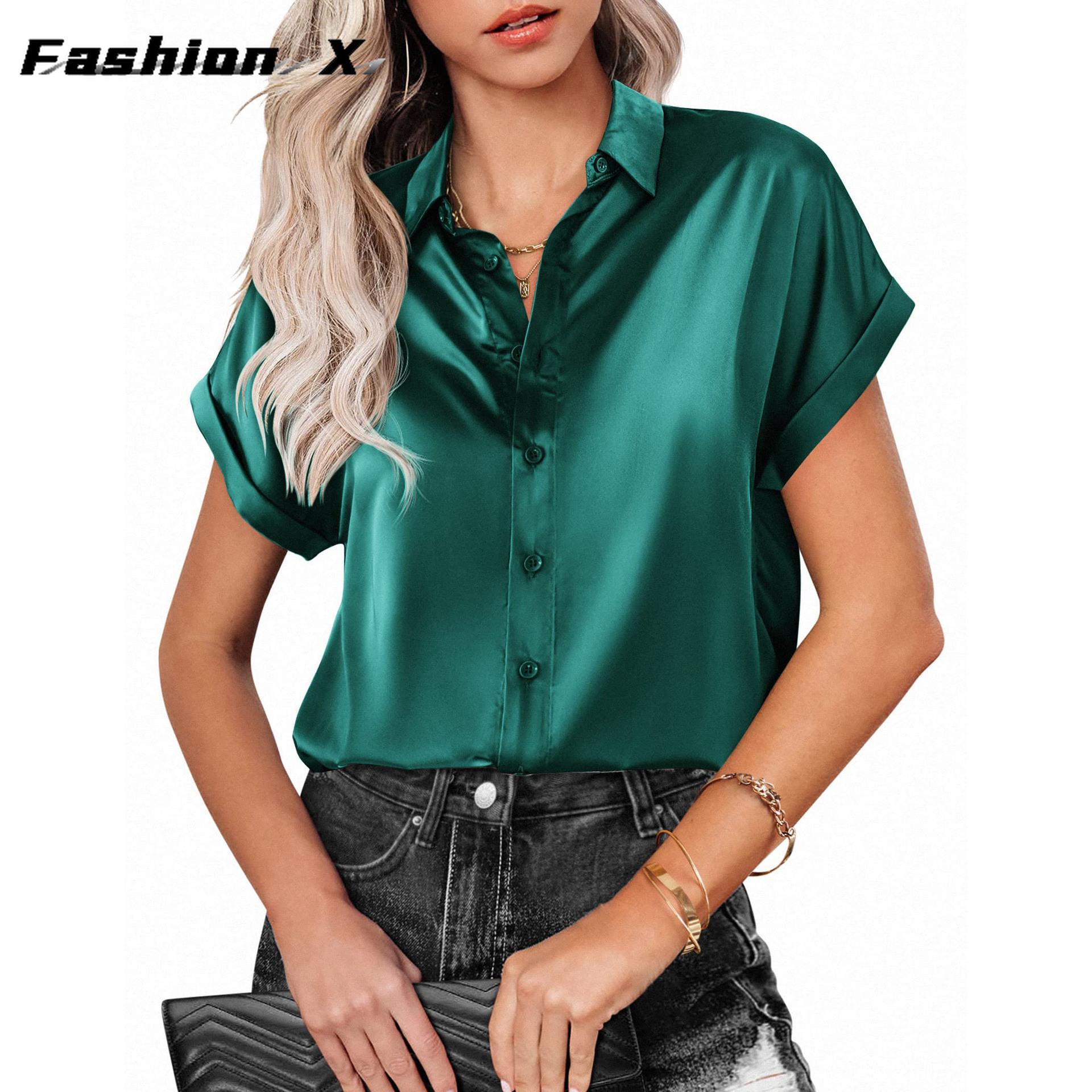 

Женская рубашка из шелковистого атласа с коротким рукавом, рубашка на пуговицах и плечах M зелёный