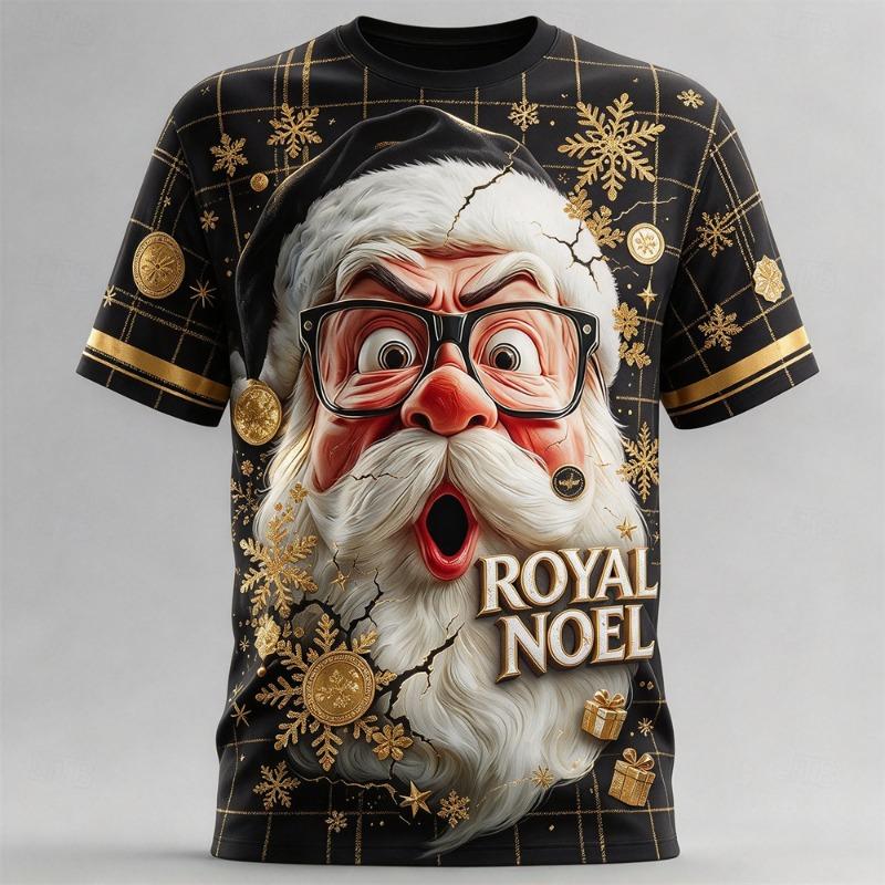 Men Christmas Short Sleeve T-shirt Santa Print Tee Snowflake Xmas Pattern Casual Tops Ugly Christmas Outfit Holiday Gift for Men