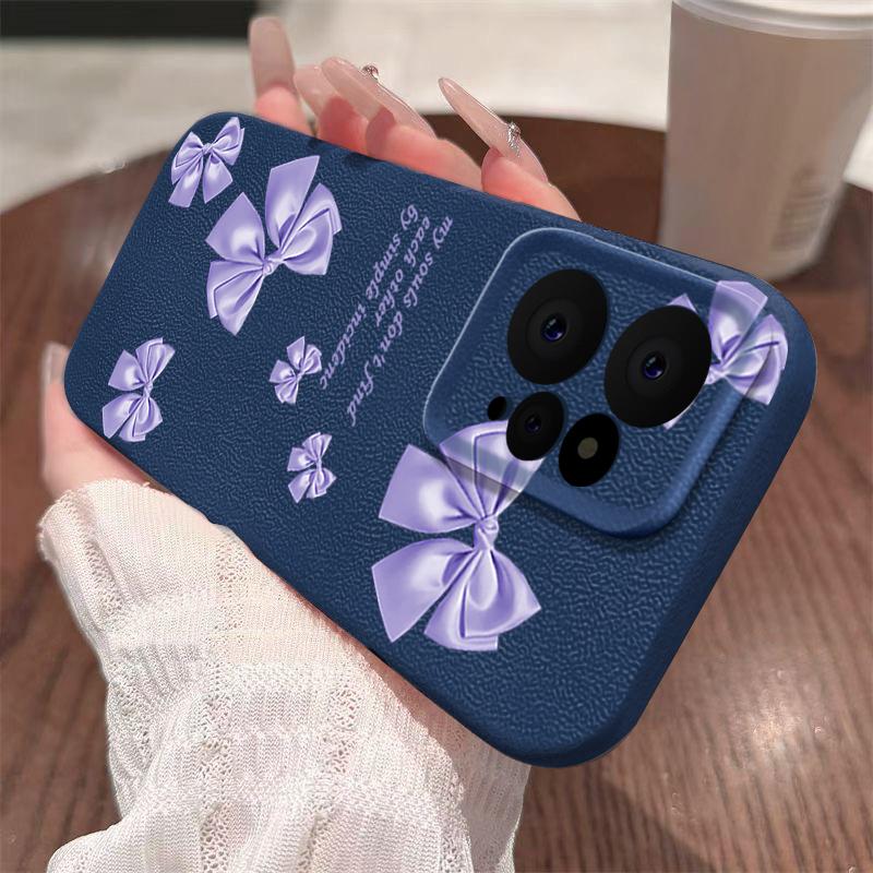 Purple Bowknot Print Leather Texture TPU Matte Case For Xiaomi 13T Poco X6 M6 Redmi Note 14 Pro 13 12 11 Lens Protection Soft Shockproof Phone Cover