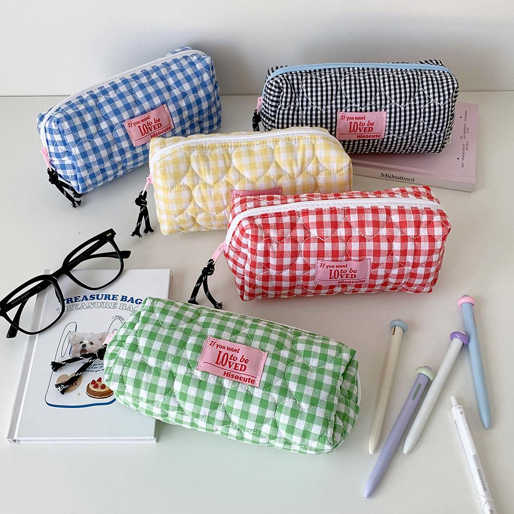 1pcs Quilted Heart Grid Pencil Pouch Korean Style Student Stationery Bag Portable Holder Storage Pouch Girls Bowknot Plaid