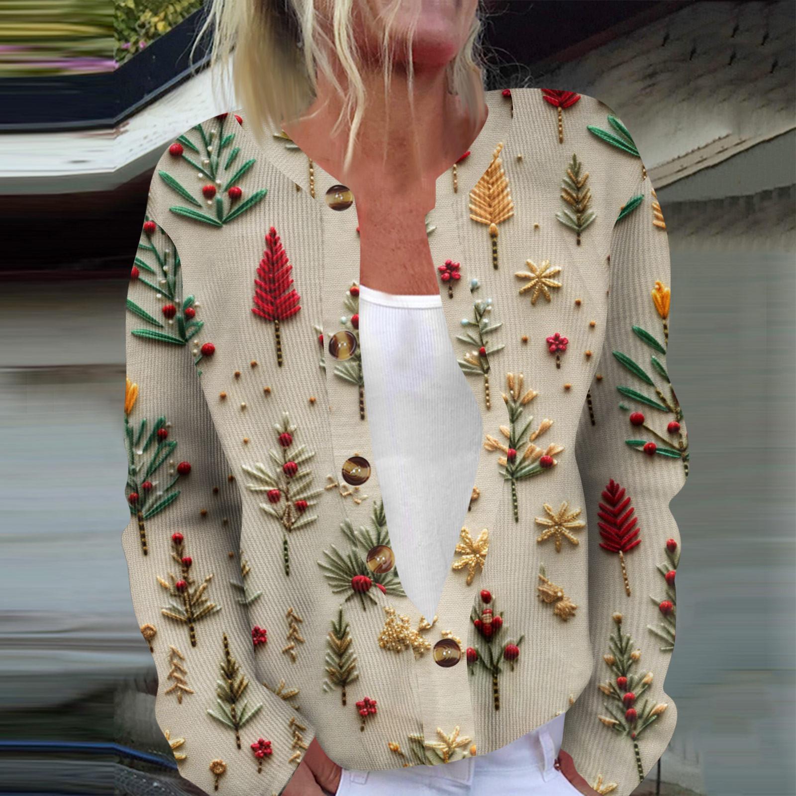 

Женская мода с длинным рукавом, рождественский принт «елка-снежинка», куртка, кардиган S бежевый