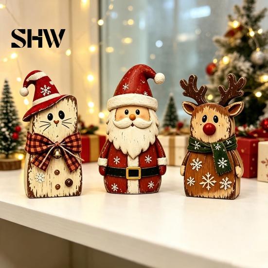 Rustic Autumn Table Decor 3Pcs Wooden Halloween Cat Tabletop Decor, Farmhouse Black Figurine Handmade Festive Crafts with Witch Hat, Fall Mantel