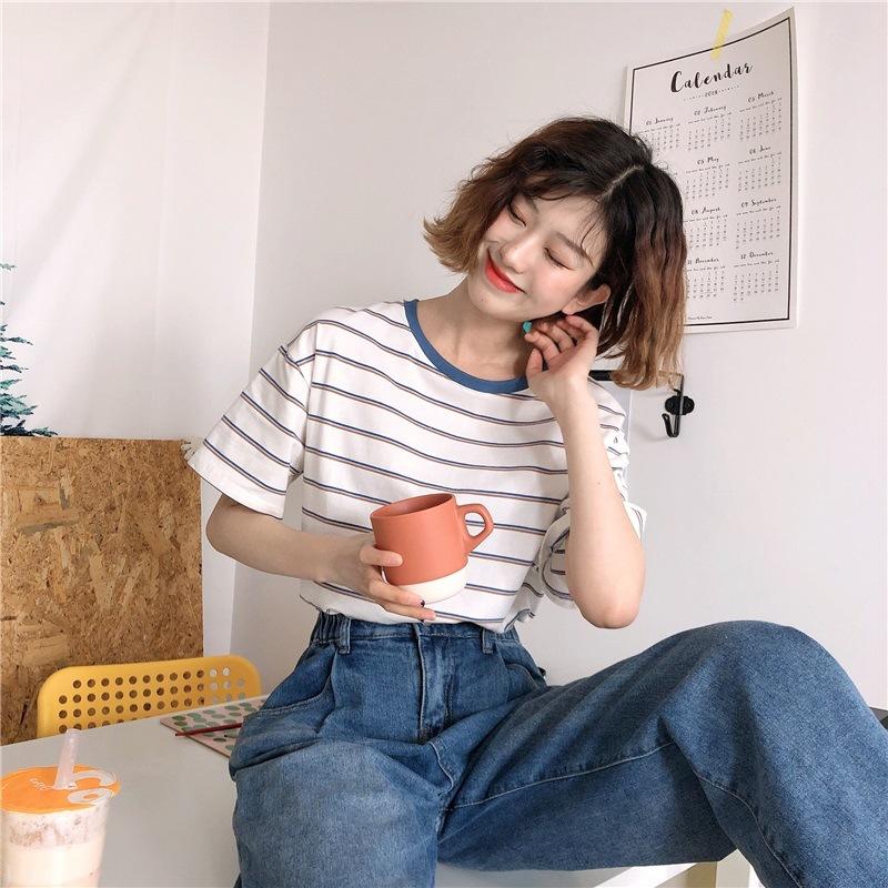 Short-sleeved T-shirt for Women's New Summer College Style Loose Slim Striped Student Top Women's Round Neck Base Shirt