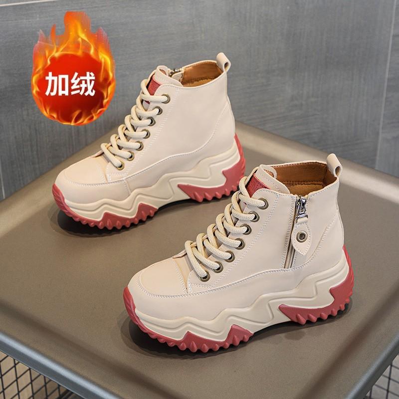 Autumn and winter new thick-soled cm height-increasing casual women's cotton shoes trendy short boots lace-up zipper high-top women's shoes