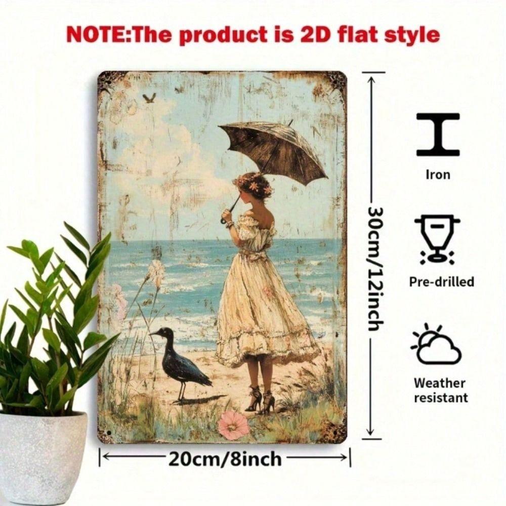 Vintage Lady with Umbrella Metal Poster Wall Art Turquoise Gold