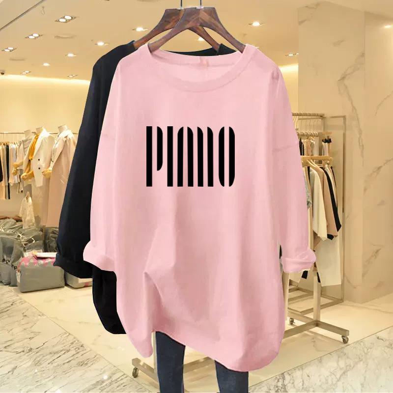 Women's Crew Neck Long Sleeve Tunic Top Loose Fit Korean Style Vertical Letter Print Pure Cotton Casual Fashion Tee Shirt