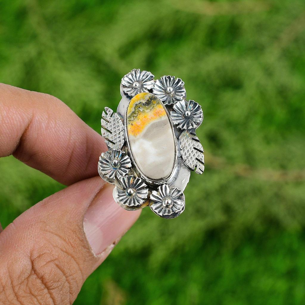 Natural Bumble Bee Jasper Flower Adjustable Ring 925 Silver For Girls