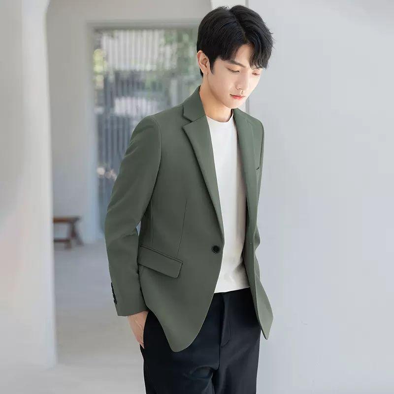 

Весенний мужской модный костюм, однобортный однобортный хлопковый эластичный повседневный костюм из хлопка с лацканами, мужская одежда L зелёный