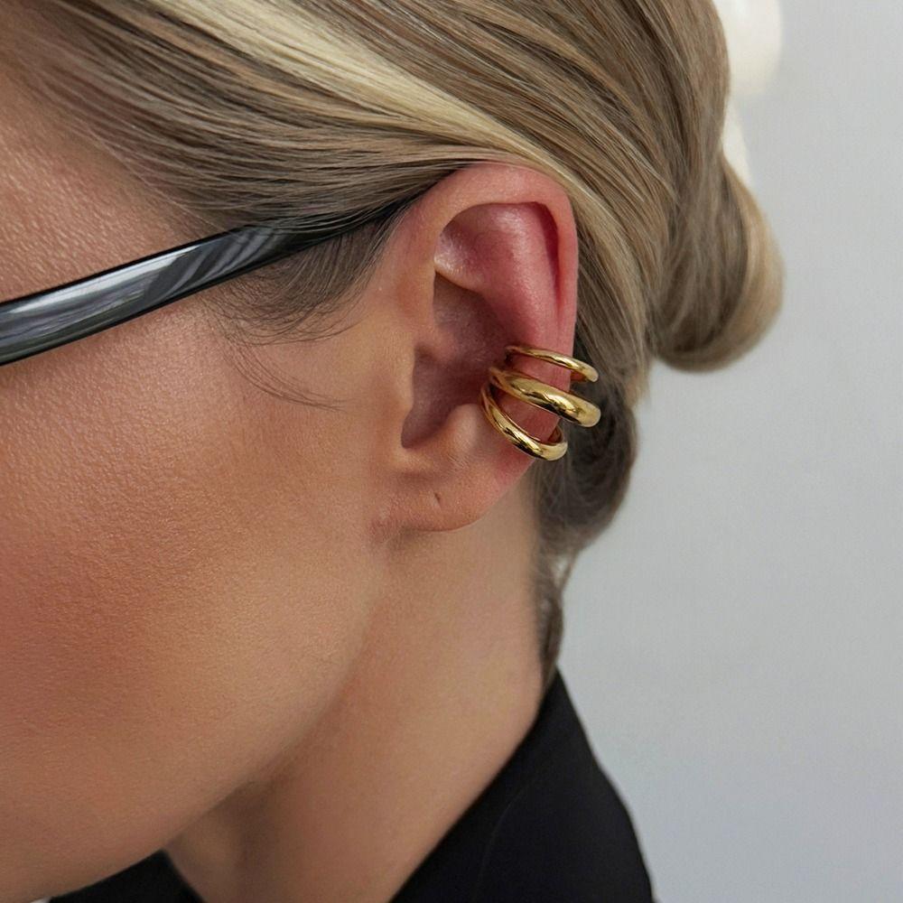 Golded C Shape Ear Cuff Stainless Steel Chunky Triple Ring Clip Retro Gold Jewelry  Women