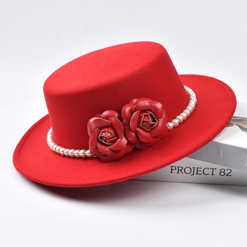 French Style Fedora Hat for Women  Winter Elegant Fashion Formal Wedding Decorate Church Cap Wide Brim Flat Top Felt Party Hat