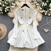 French retro small fragrant style high-end V-neck metal buckle long-sleeved waist puffy dress women's autumn dress dress