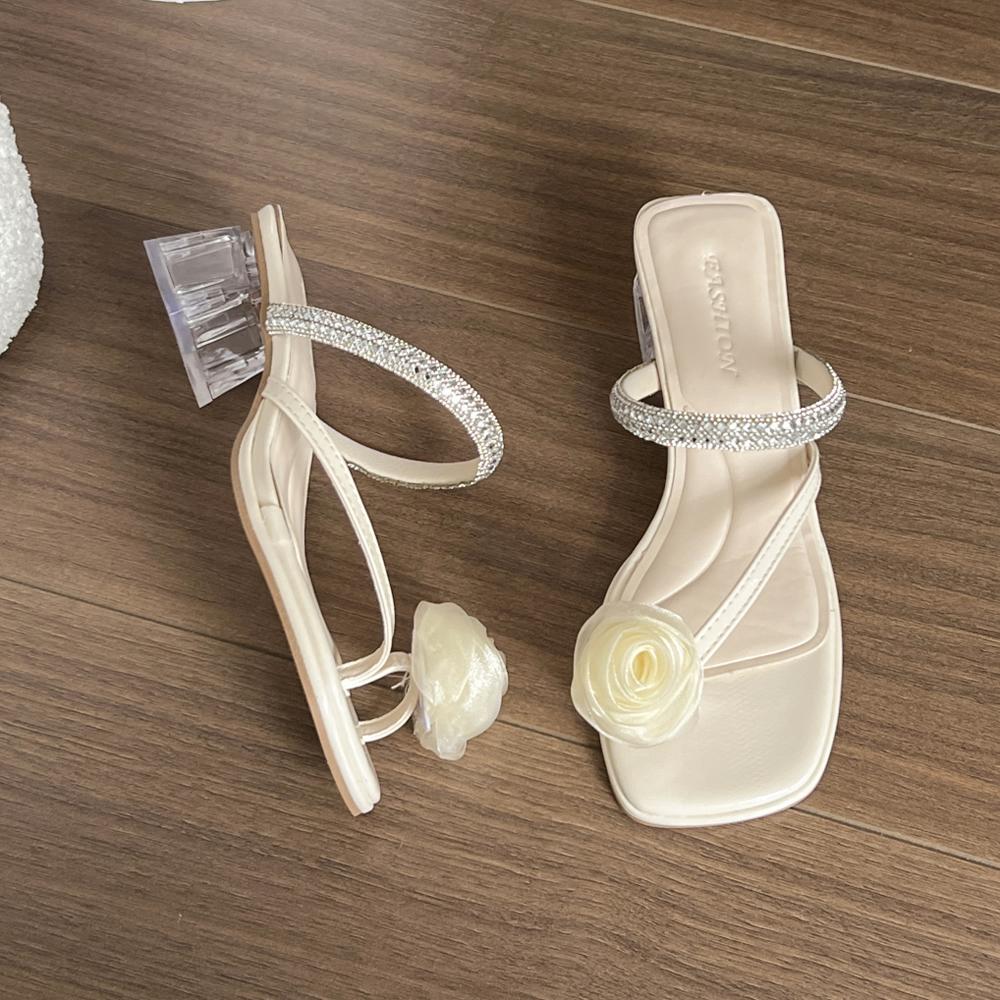 Summer New Women's Flat Sandals Floral Design Korean Sle Low Heel Thi Heel Versatile Fairy Diamond Casual Leather Sandals