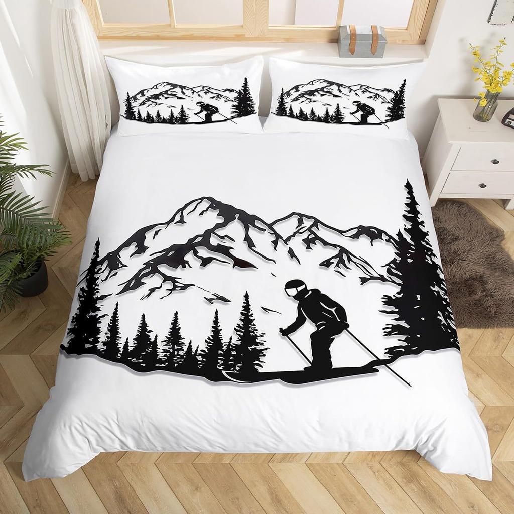 Ski Theme Duvet Cover Green Pine Cable Car Bedding Set Country Style Three-Piece Set