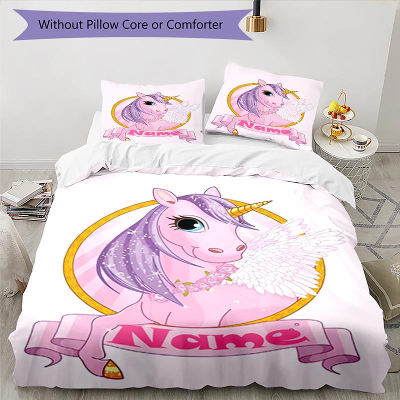 3pcs Custom Name Unicorn Bedding Set Duvet Cover Closure Includes 1 Duvet Cover & 2 Pillowcases, Soft and Comfortable for All Seasons.