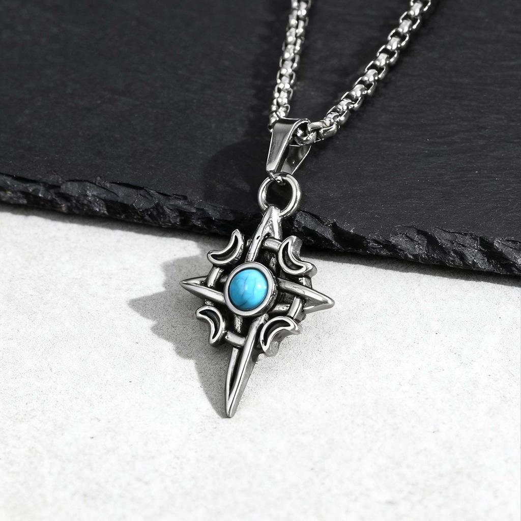 Stainless Steel Pendant Necklace For Men And Women, Punk Rock Street Style, Pretty Unique Turquoise Inlay Necklace