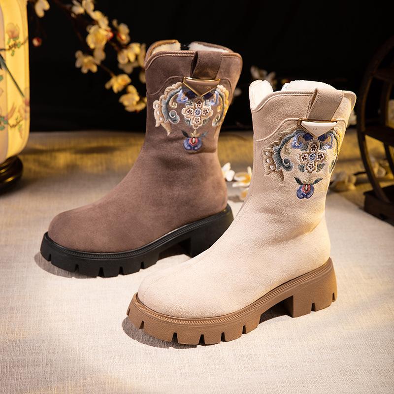 Women's Winter Snow Boots With Zipper Warm Non-Slip Low Chunky Block Heel Embroidered Ankle Booties Faux Fur Lined Walking Combat Boot Shoes for Women