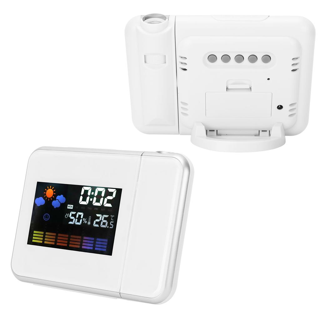 Innenprojektion LED Uhr Thermometer Hygrometer Wettervorhersage Schlummerfunktion Ewiger KalenderWeiß