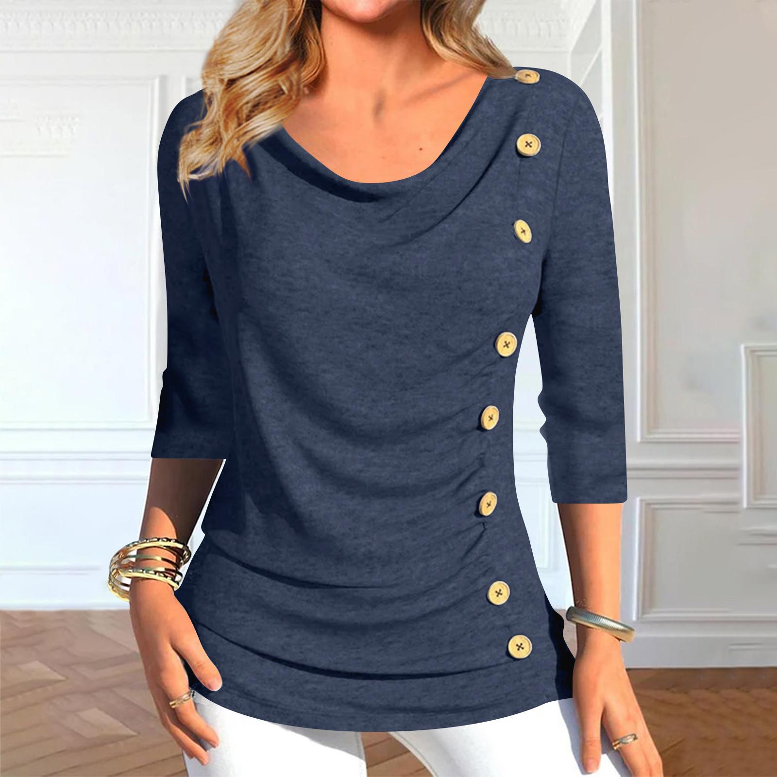 

Топы с рукавом 3/4 для женщин, летняя асимметричная футболка, облегающие повседневные топы, футболки, пуловеры, футболки, летние топы, топы с рукавами три четверти L тёмно-синий