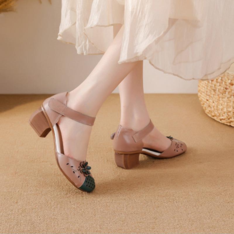 2025 Summer Genuine Leather Shoes Gladiator Sandals Women 4cm High Heels Classic Black Round Toe Hollow Ladies Sandals