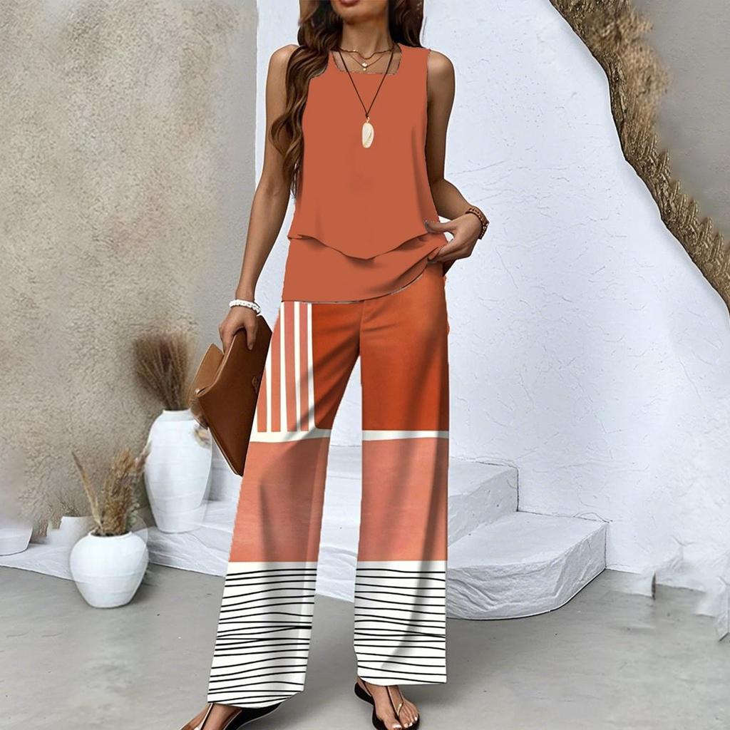 Zweiteiliges Sommer-Set für Damen, lockeres, ärmelloses, doppellagiges Westentop, lässige Hosen, Urlaubsset