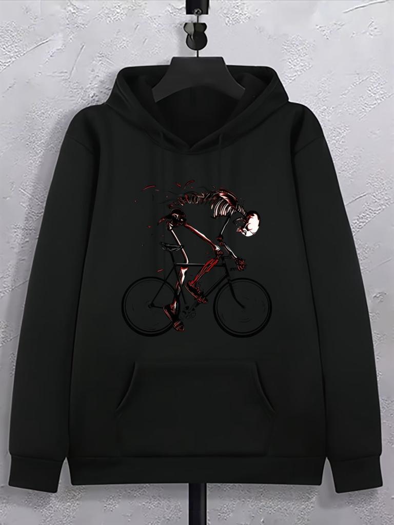 Streetwear Style Hoodie, Skeleton Cyclist Graphic Print, Casual Autumn Winter Wear, Gift for Cycling Enthusiasts And Boys