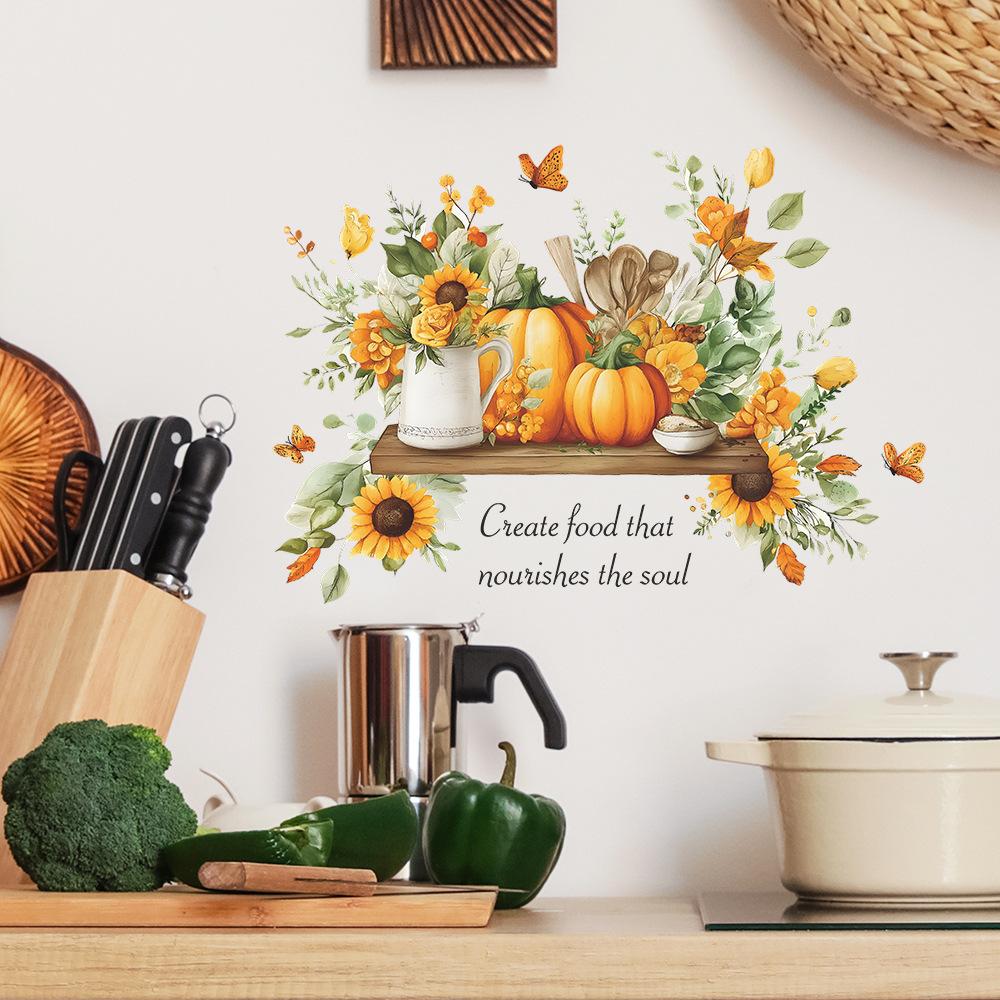 Kreative Sonnenblumen-Kürbis- und Englische Slogan-Wandaufkleber für Heimdekoration