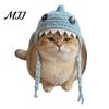 Cute Knitted Pet Cap Funny Shark Cat Hat, Crocheted Hat with Braided Soft Yarn Accessories Straps, for Cats Small Dogs Lightweight Puppy