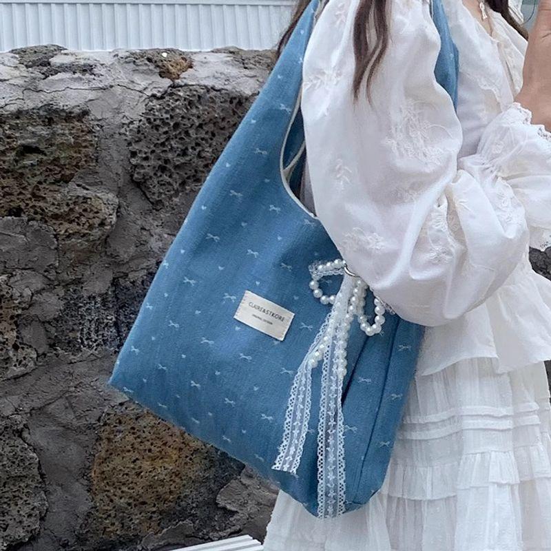 

Korean Series Denim Blue Bow Canvas Bag Women s Large Capacity Lazy Loose Feeling Tong Qin Single Shoulder Tote Bag Dark blue [without ornaments]]