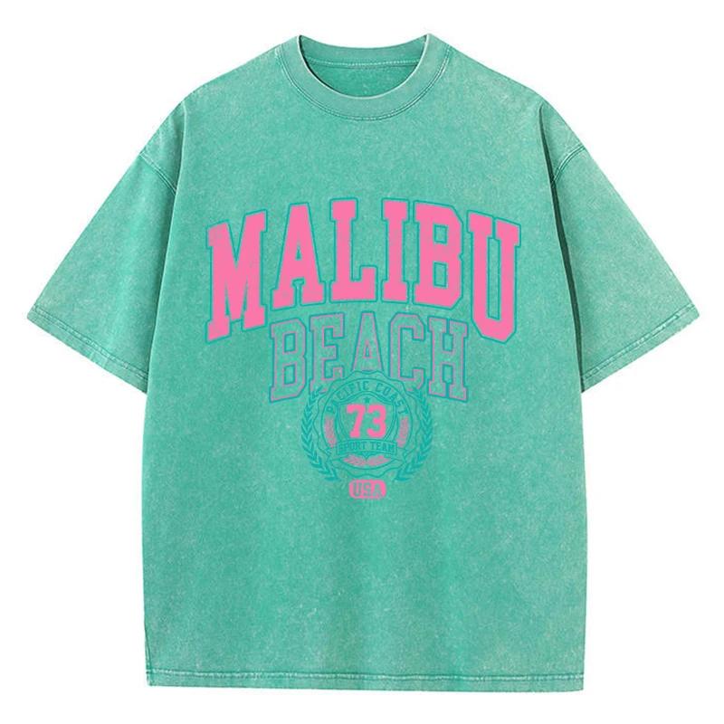 Malibu Beach Washed T-Shirt Women Letter Printing Cotton T Shirt Comfortable Crewneck Tops Casual Oversized Clothes