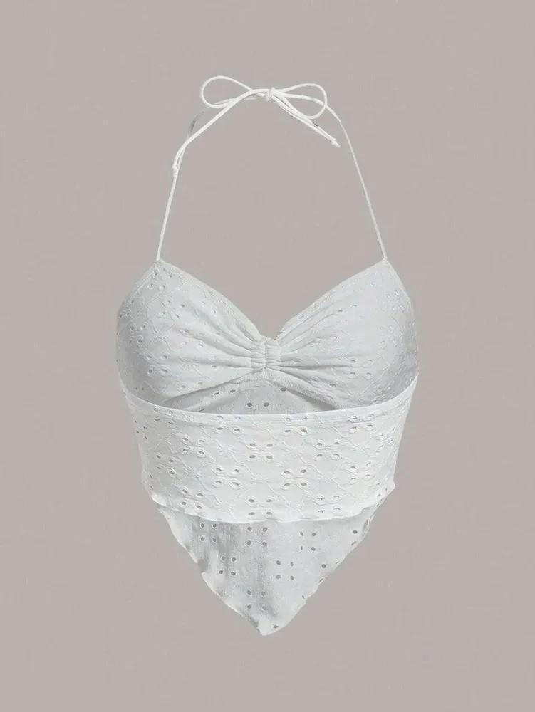 Crop Top Phumee Backless Knot Eyelet Embroidery  A2066