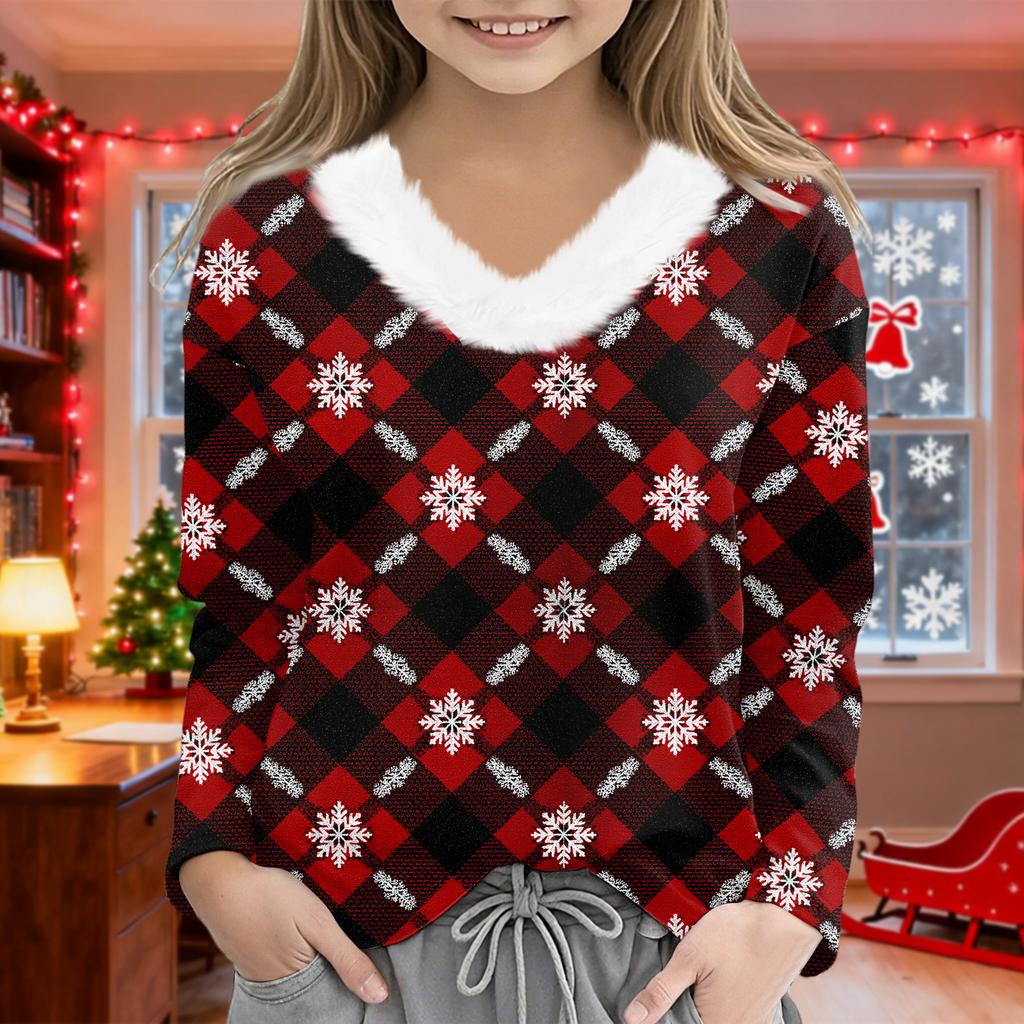 Christmas Day Girls Long Sleeve T Shirts Kids  Girls' V-Neck Tee Christmas Print Long Sleeve Top