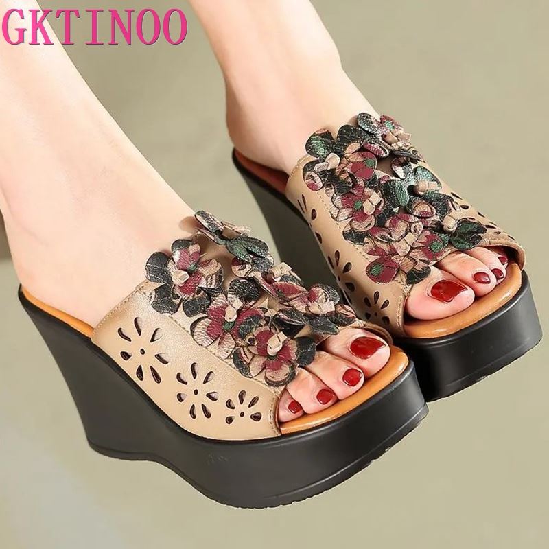 Fashion GKTINOO Summer Woman Shoes Platform Slippers Wedge Genuine Leather Women High Heel Slippers For Women Retro Sandals Female Shoes