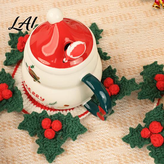 Festive Christmas Home Decor Crochet Cup Coasters with Mini Basket Handmade Holly Plants Starter Kit Hooks Berries Mat Set for Drinks Tabletop