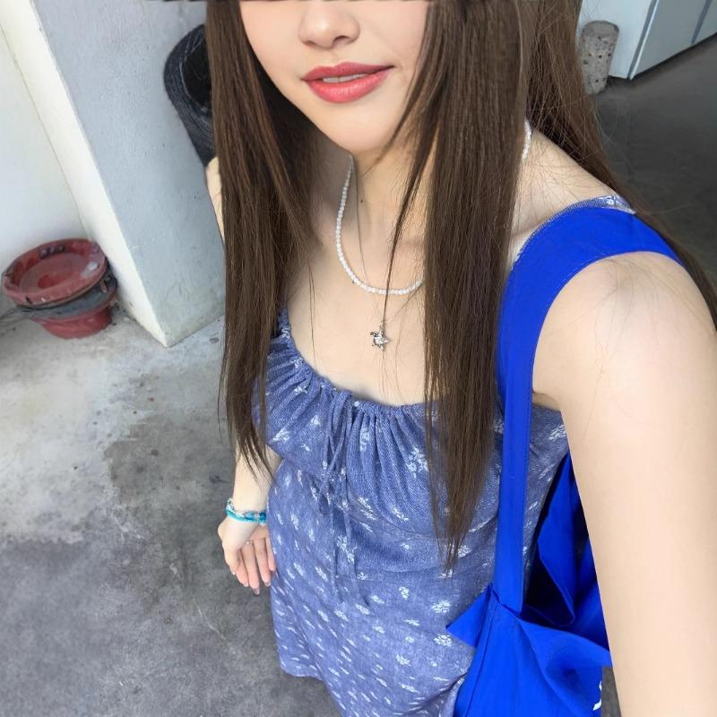 Women's Dress with French Elegance and Floral Halter Dress Summer Slimming Imitation Denim Print Halter Dress