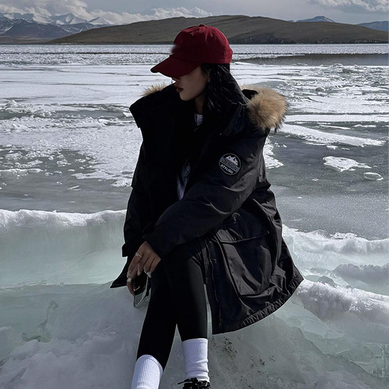 Roupa de Trabalho Outono e Inverno com Gola de Pele, Jaqueta Parker de Algodão com Penas, Jaqueta de Algodão Moda Americana, Jaqueta Quente Média a Longa, Roupa Exterior de Algodão Casual