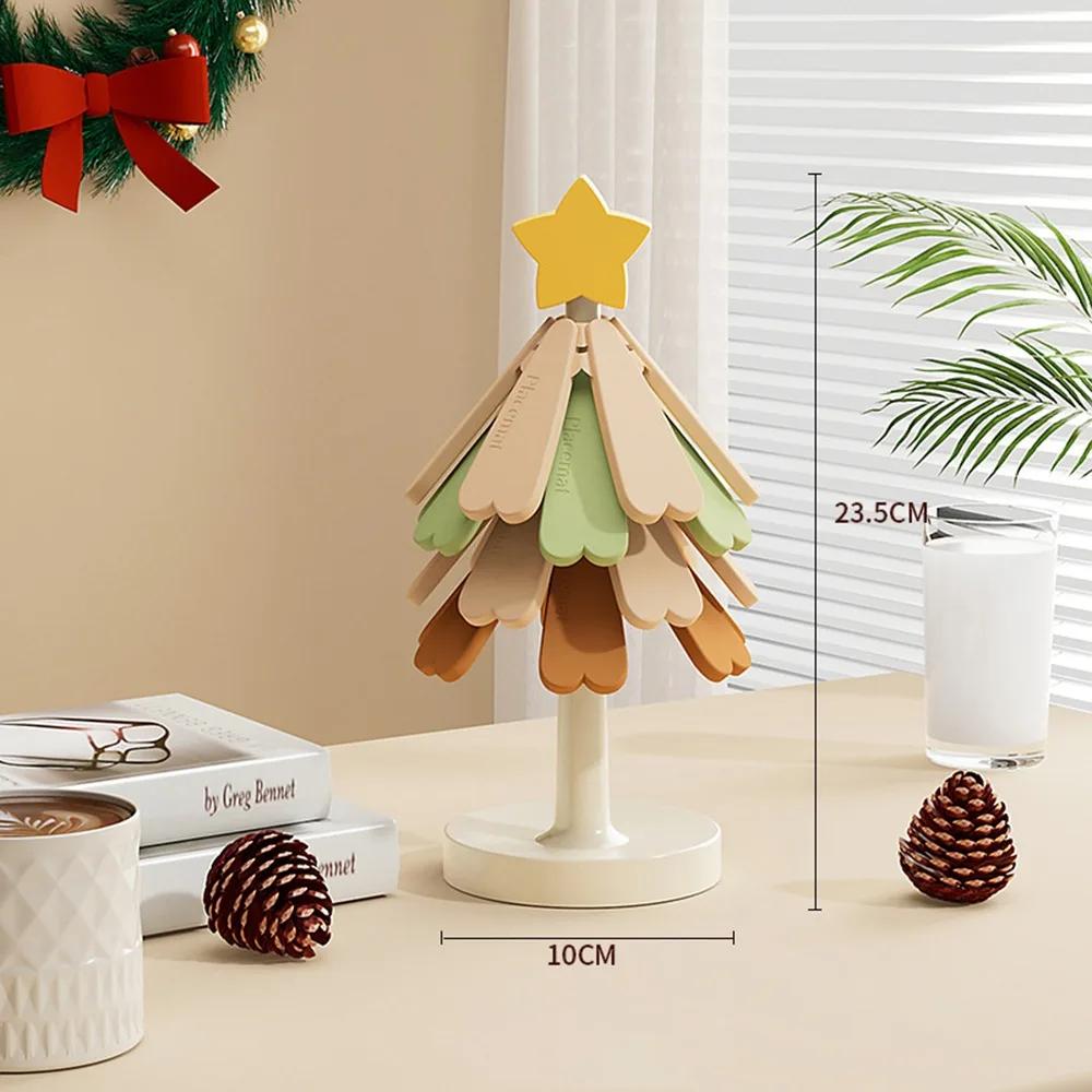 Foldable Wooden Tree Trivet Heat-insulating Decoration Christmas Tree Trivets Set with Stand Set of 3/4 Cup Coaster Set