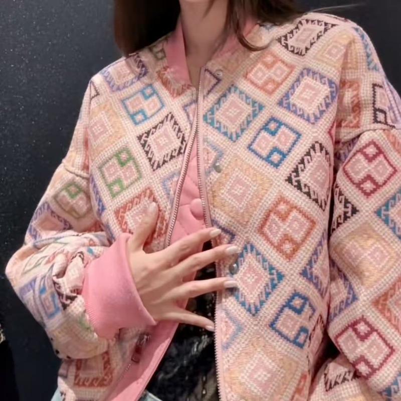 Pink Geometric Jacquard Jacket Women Zip Up Quilted Cotton Short Bomber Vintage Ethnic Loose Coat