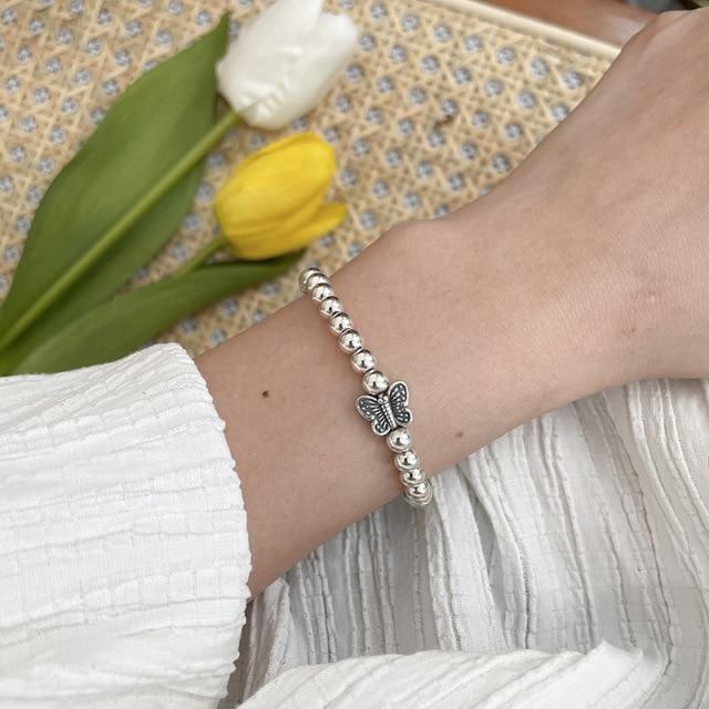 925 Sterling Silver Simple Design Bracelet Butterfly Love Heart Round Beads Hand Jewelry Women Fashion Exquisite Gifts