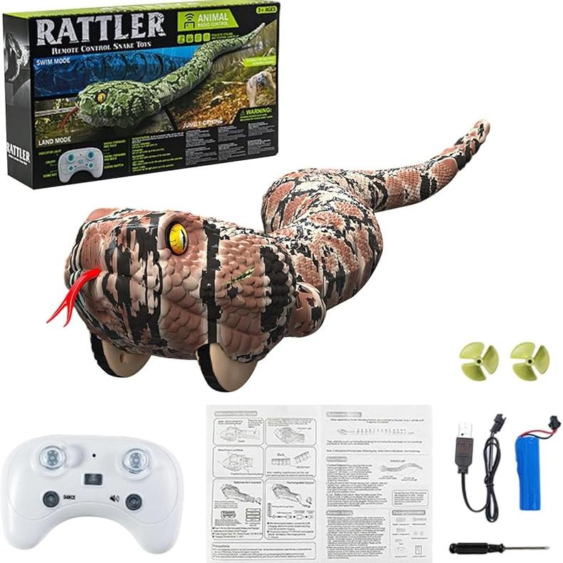 

Fun Amphibious Realistic Prank Toy Remote Control Snake Waterproof RC Snake with Wireless Remote, Rechargeable Battery Perfect for Water & Land Use коричневый