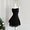 Women's Black Sling Mini Dress Cowl Neck Ruffle Hem Slim Fit Party Dress