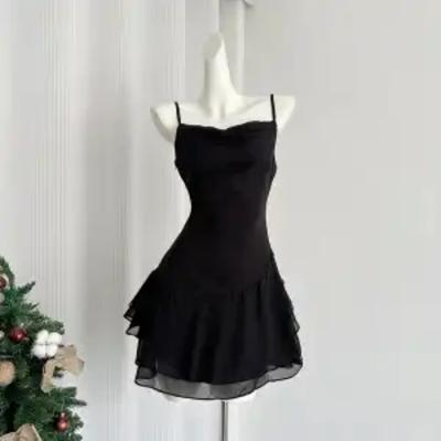 Vestido Negro de Tirante Mini para Mujer Cuello Drapeado Dobladillo con Volantes Corte Ajustado Vestido de Fiesta